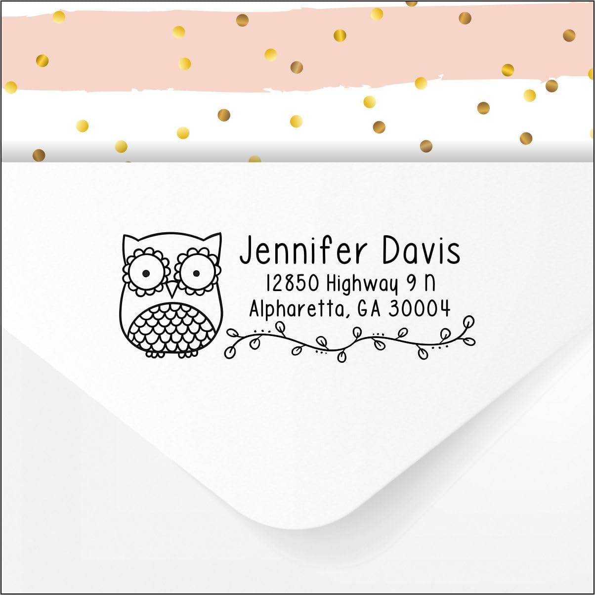 Owl Self Inking Return Address Stamp, Custom Personalized Rubber Stamper pre Inked with Black Ink - for Wedding Invitations, Christmas Holiday Cards, Teachers, Business Mail