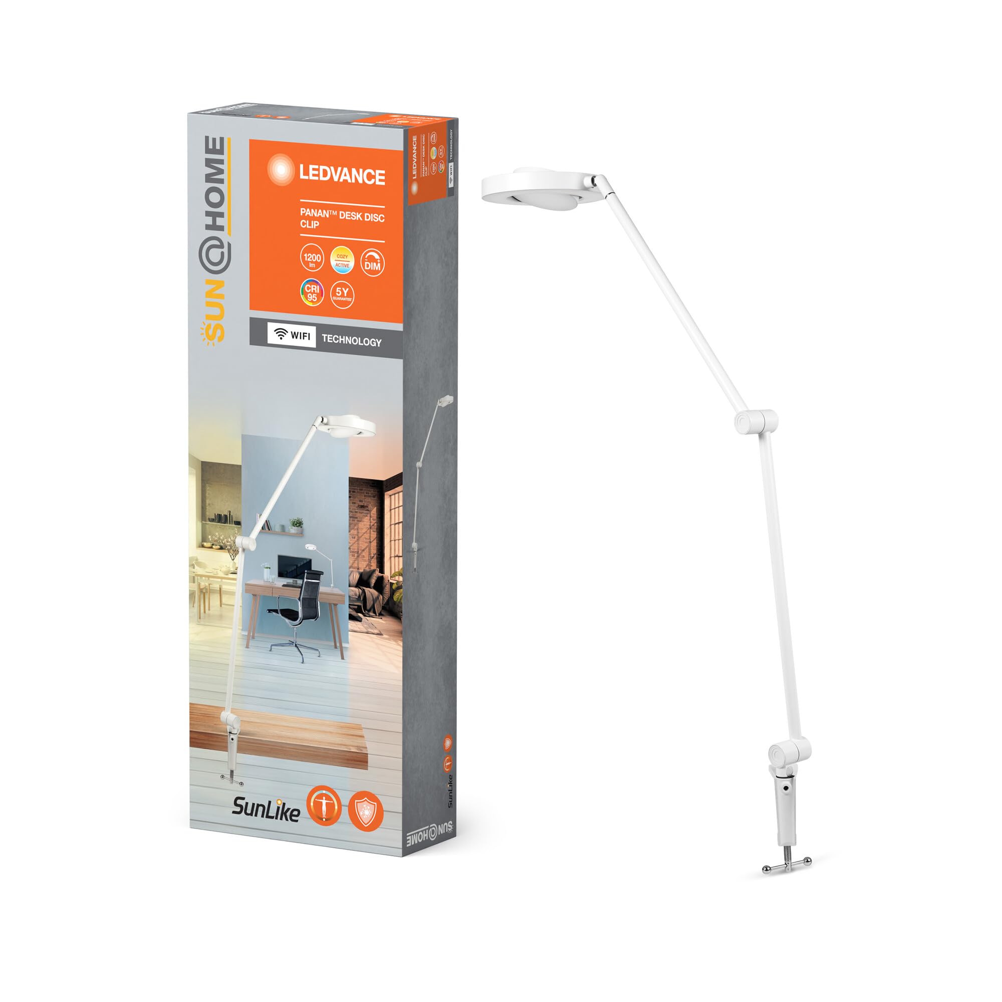 LEDVANCE SUN@HOME PANAN DESK DISC CLIP Schreibtischleuchte, weiß, 15W, 1200lm, regulierbares Weißlicht (2200K bis 5000K), dimmbar, passt das Licht automatisch dem Biorhythmus an, IP20