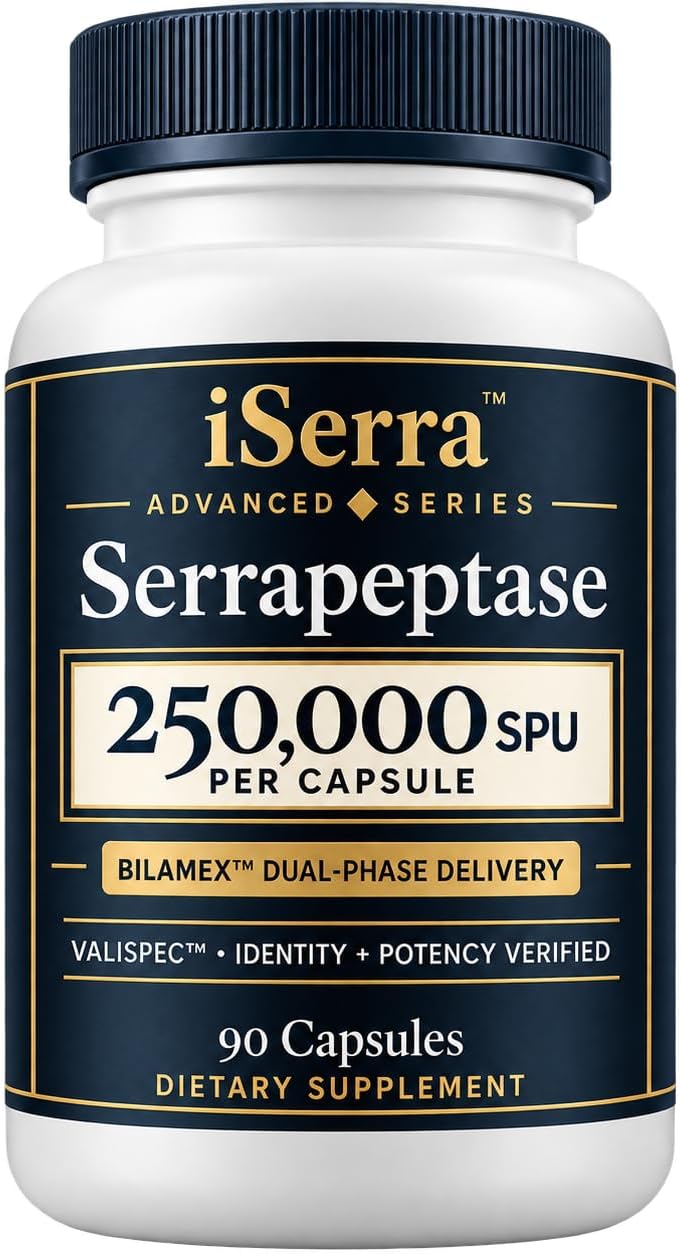 iSerra Advanced Series Serrapeptase 250,000 SPU Per Capsule | Bilamex Dual-Phase Delayed Release | Independent Lab Tested | Identity & Potency Verified | 90 Capsules | Serratiopeptidase Enzyme