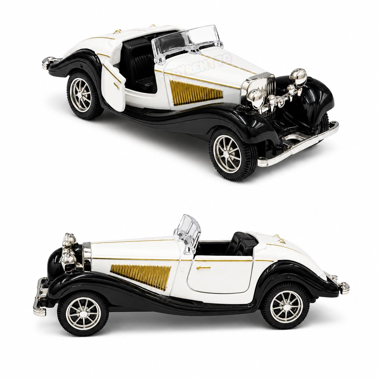 1:36 Scale Die-Cast Vintage Roadster Car Model, 13 cm Pull-Back Toy Car with Openable Doors, Rubber Tyres and Detailed Interior, Collectible Display Gift, White and Black-image-27