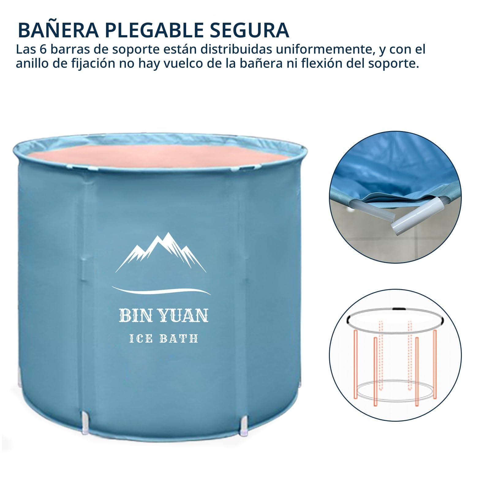 Bañera de hielo plegable, bañera de inmersión fría para adultos con estructura en forma de T actualizada, bañera de hidromasaje independiente para exteriores (Azul, ∅70x68cm)