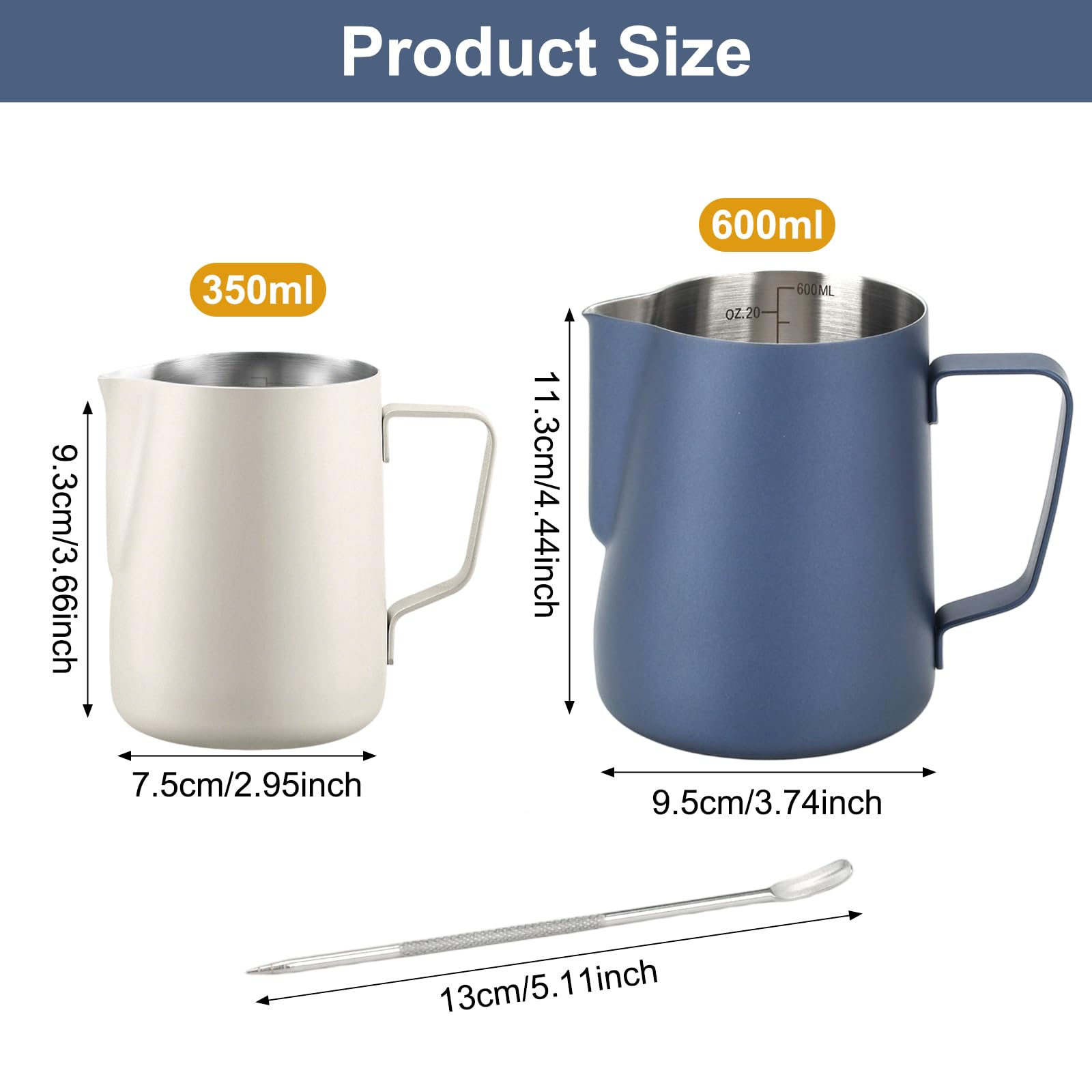 Lot de 2 pichets à mousse de lait 600 ml et 350 ml, pichet à vapeur en acier inoxydable, pour café, cappuccino, latte, accessoires de café (bleu/beige)