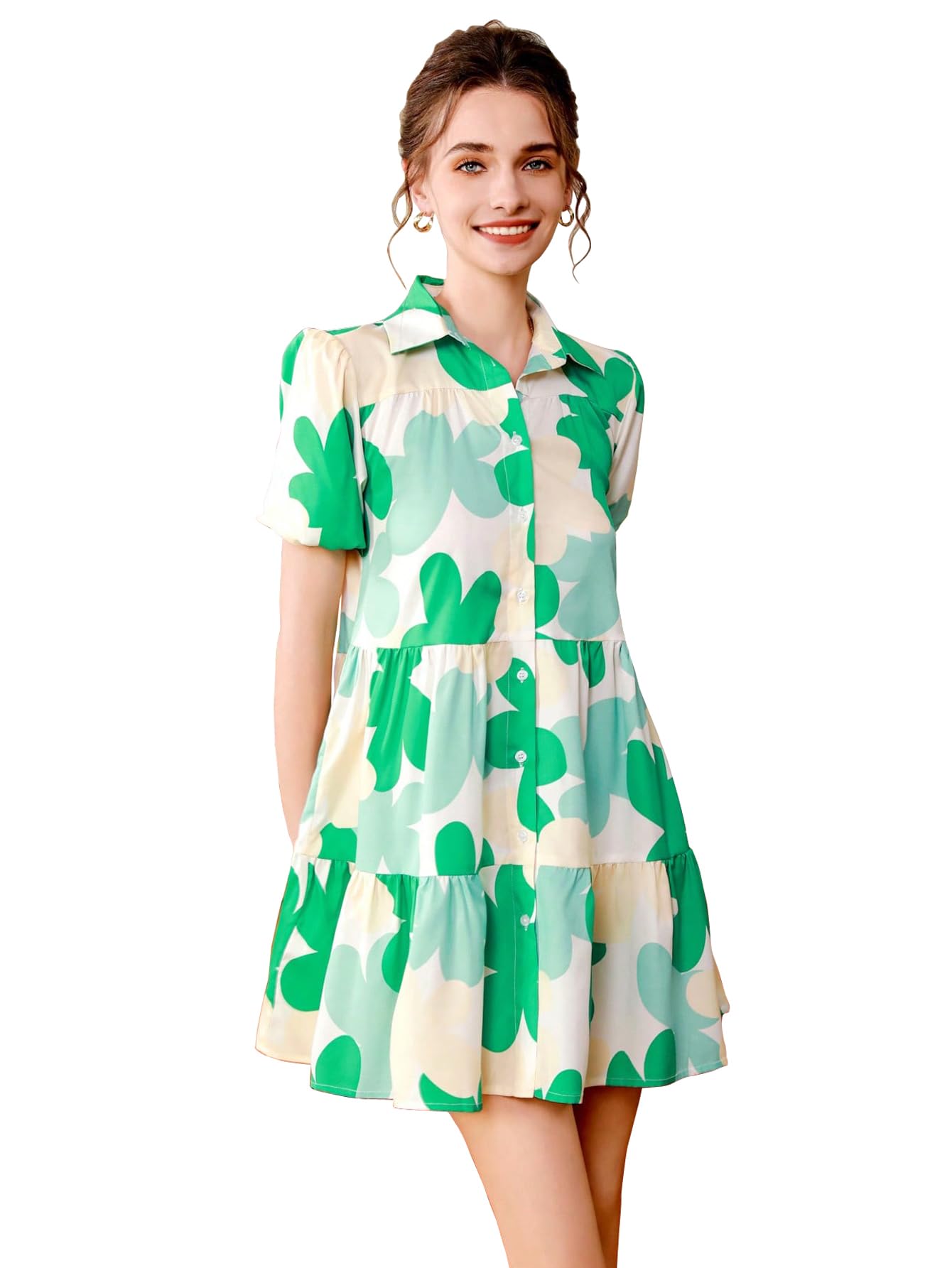 shasmi Women's Green Flower Print Short Sleeve Button Front All-Over Printed Dresses, Ruffle Hem Smock Dress for Woman (161 Dress)-picture-19
