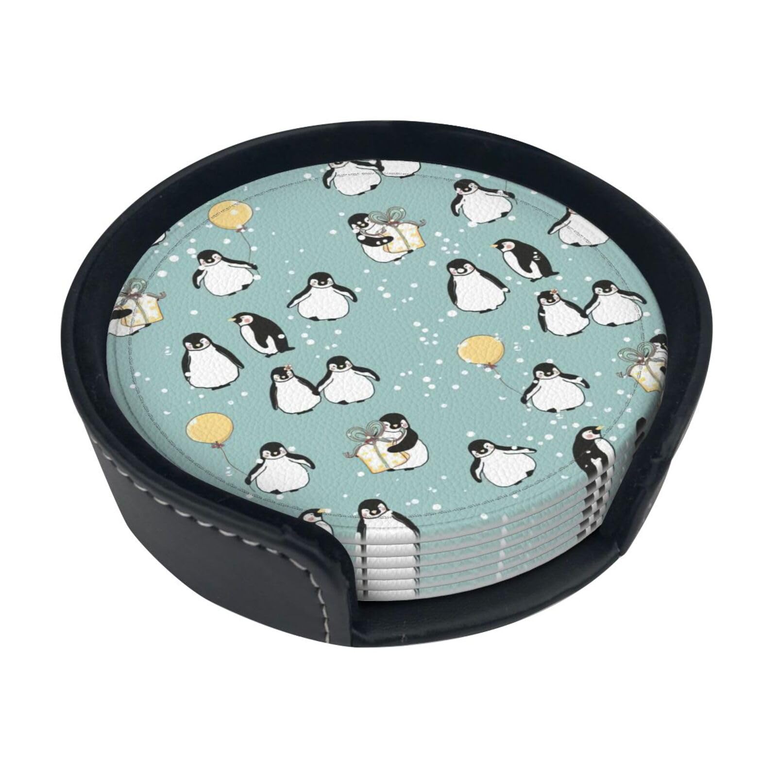 Penguin Balloon Snowflake Print Leather Coasters Set Of 6 With Holder,4 Inch Round Drink Coasters,Heat Resistant,Easy Clean For Home & Bar