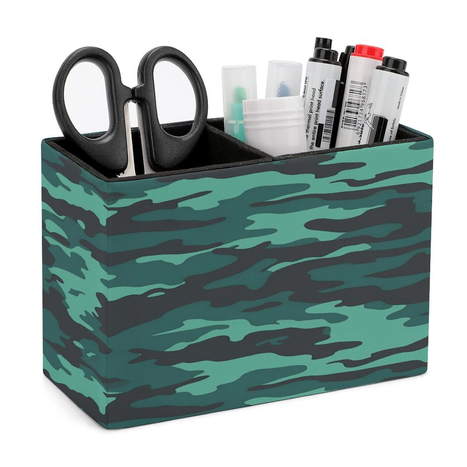 LDGSUPH Teal Camouflage Leather Pen Holder for Desk Organizer Caddy Large Pencil Cup Multi-function Pencil Holder Makeup Brush Holders Pen Organizer for Home Office Storage Box