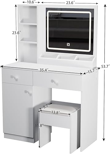 Miniatura 8 de Escritorio de tocador de maquillaje con espejo iluminado y toma de corriente, tocador con gran espacio de almacenamiento y taburete acolchado para