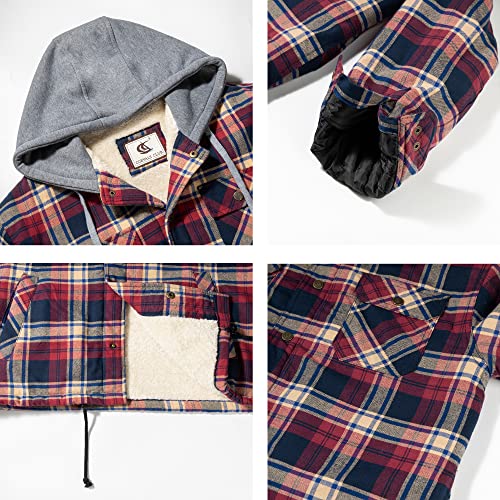 Image of COEVALS CLUB Men's Flannel Fleece Sherpa Quilted Lined Plaid Snap Work Shirt Jacket /Hooded