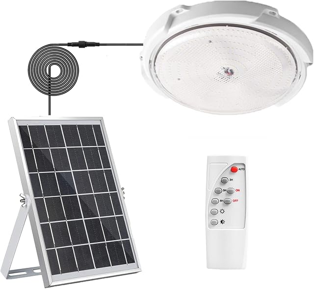 Solar Ceiling Light Indoor/Outdoor Solar Light With Remote Control 125LEDs Solar Lamp With Twilight Sensor IP65 Waterproof Solar Wall Lamp Timing Function, 6500k, Adjustable Brightness, 1600LM Ø24CM