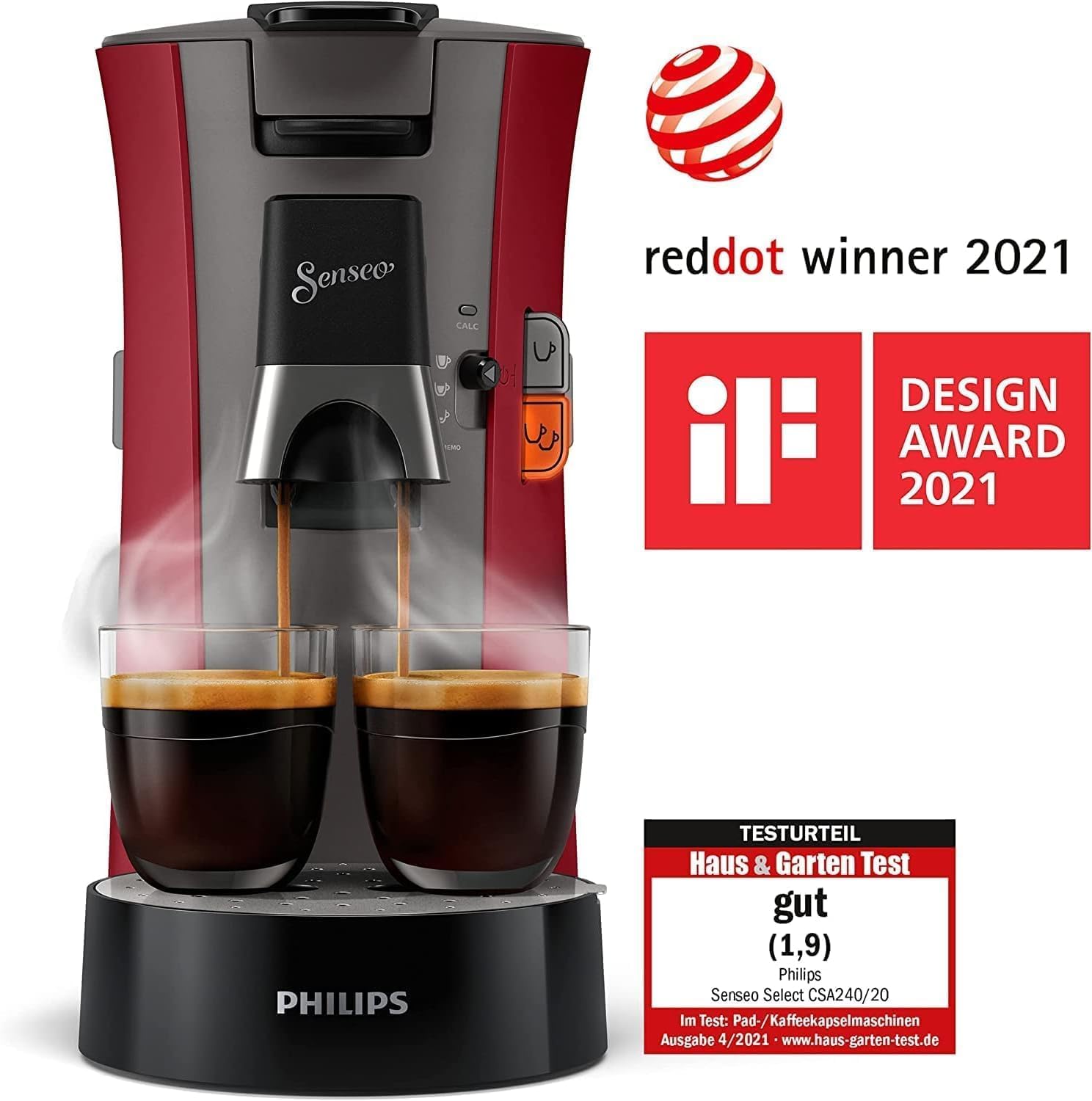 Philips Senseo Select Kaffeepadmaschine Bundle mit 66 Kaffeepads,3 Kaffeespezialitäten, Memo-Funktion, Crema Plus, Intensität Plus, aus recyceltem Plastik, 0,9L, Rot (CSA240/90)