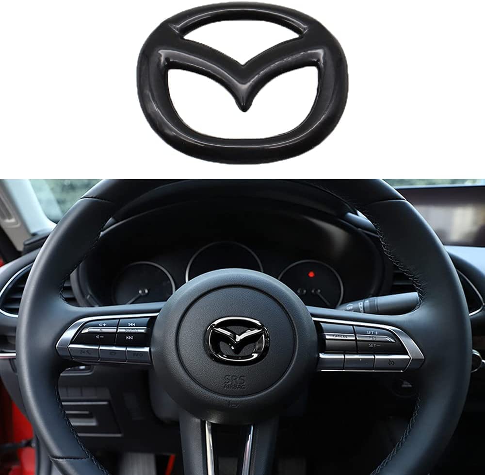 ALINZO Car Steering Wheel Cover Sticker, Emblem Logo Frame Trim Decal, Styling Modification Interior Accessories, For Mazda 3 6 CX-3 CX-5, Black