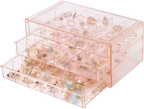 LOARNIEA Caja organizadora de aretes, organizador de joyas apilable de acrílico con 3 cajones, 72 compartimentos pequeños, soporte transparente de