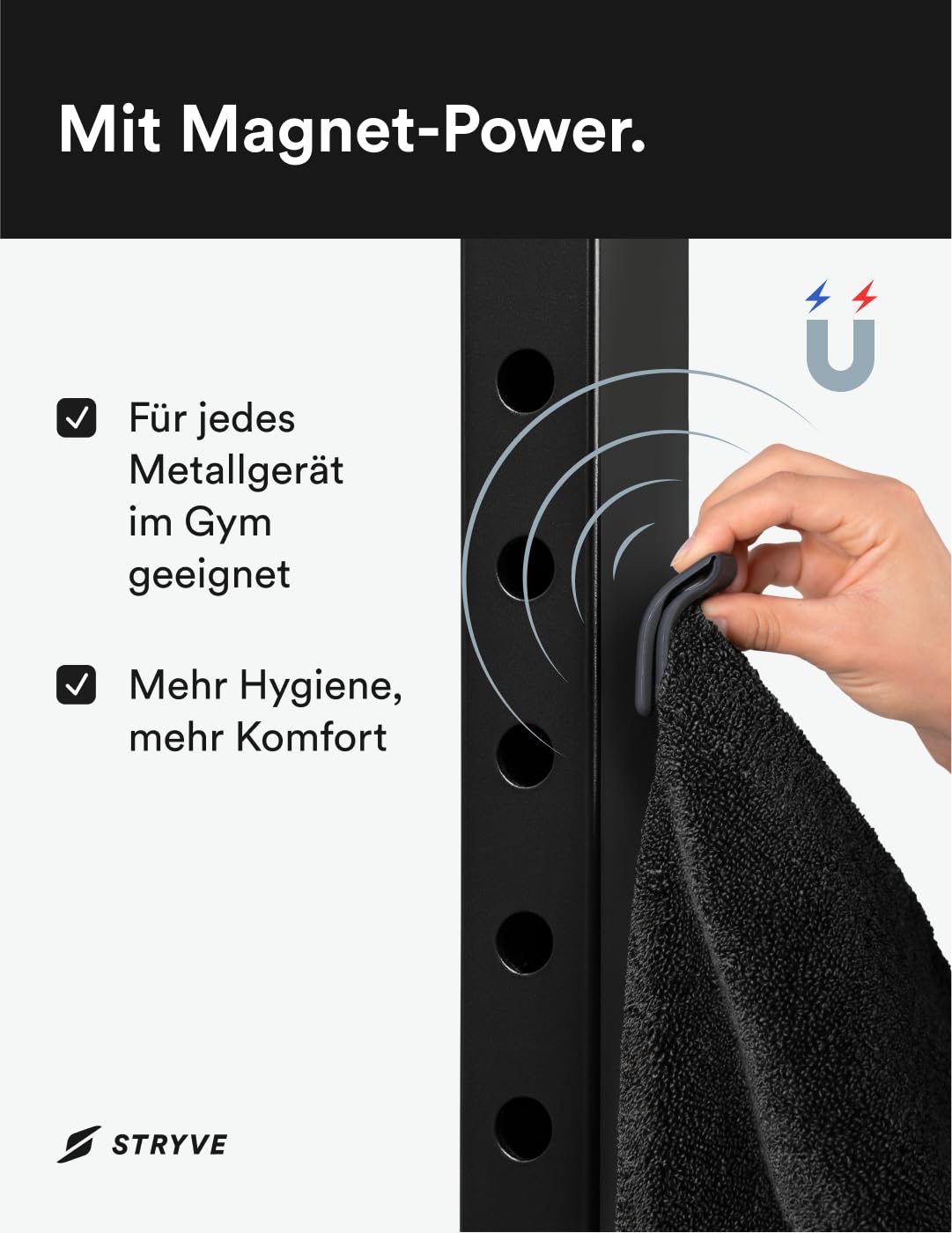 STRYVE Sporthandtuch – Das Original aus DHDL – Towell+ – Graphite Black – 90 x 40 cm – Magnetclip & Rutschschutz – Smartes Design zum besten Preis – Ideal fürs Gym verfügbar