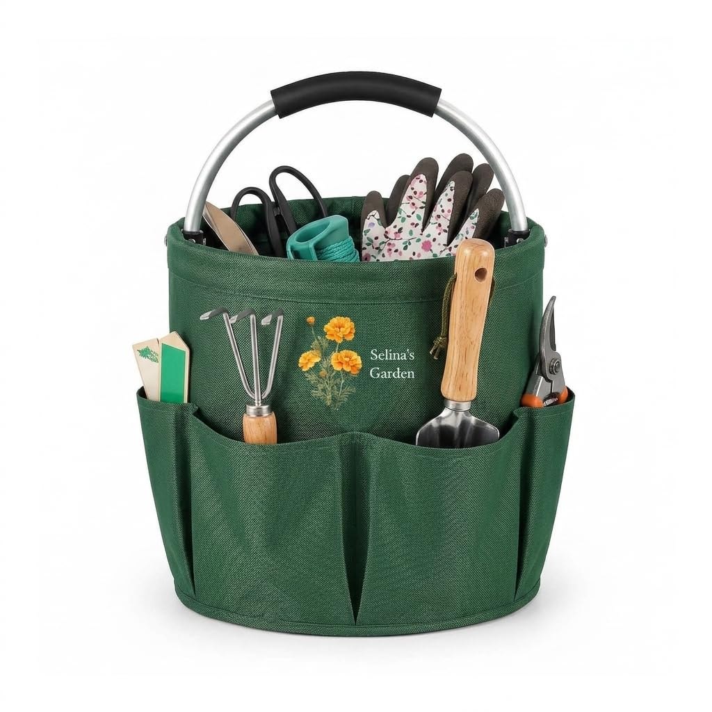 Amsgedhie Personalised Gardening Tool Bag with Handle Oxford Fabric Gardening Storage Box with Birth Flowers Text Foldable Multi-Pocket Tote Bag, Gardening Gift for Men and Women，Green
