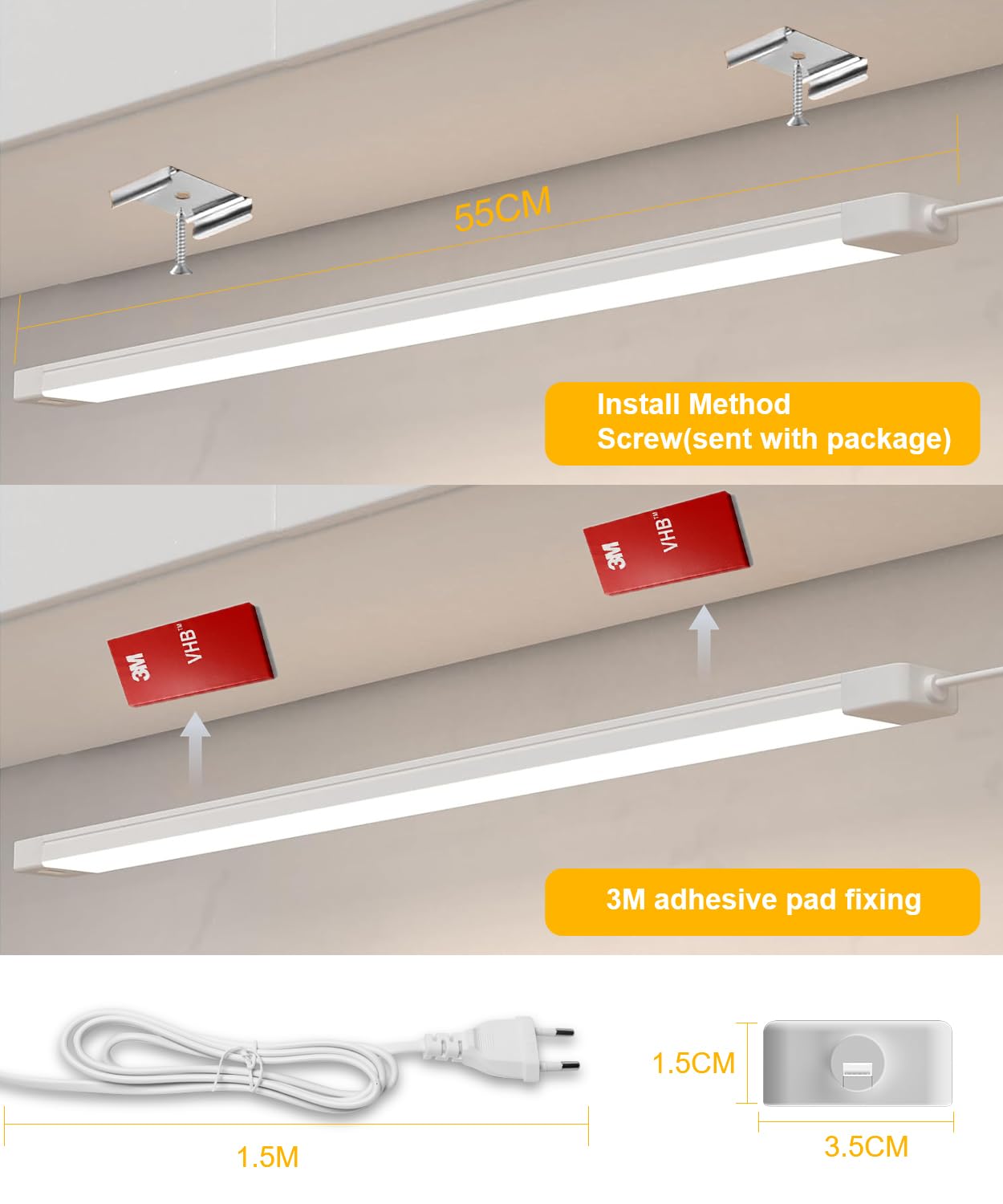 Macchiatto Lampa podszafkowa LED do kuchni, 55 cm, 4000 K (neutralna biel), z czujnikiem bezdotykowym, ultra cienkie światło do szafki pod szafkę, oświetlenie szafki kuchennej, do stołu warsztatowego