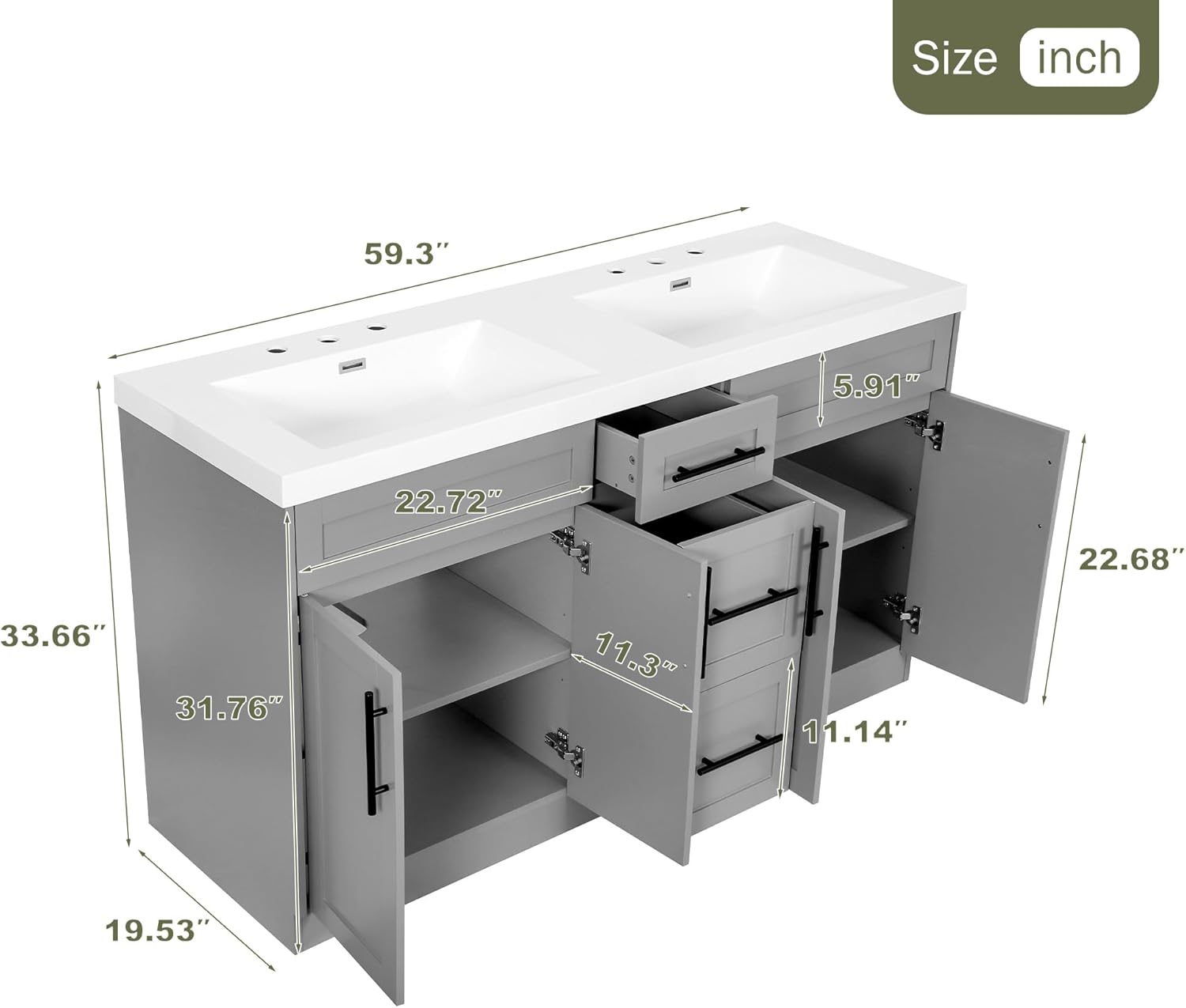 LUMISOL 60 Inch Grey Vanity with Double Sink, Modern Large Bathroom Vanity with 3 Drawers & 4 Soft-Close Doors, Solid Wood Bathroom Cabinet with Double SMC Sink, Grey