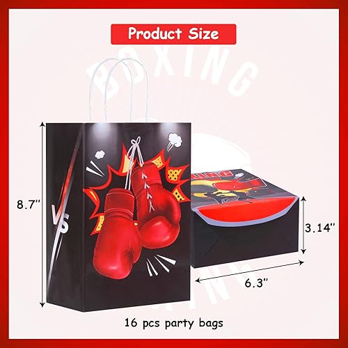 Miniatura 7 de JOYMEMO Paquete de 16 bolsas de boxeo para fiesta, color rojo y negro, bolsas de regalo temáticas de boxeo con asas para deportes, cumpleaños,