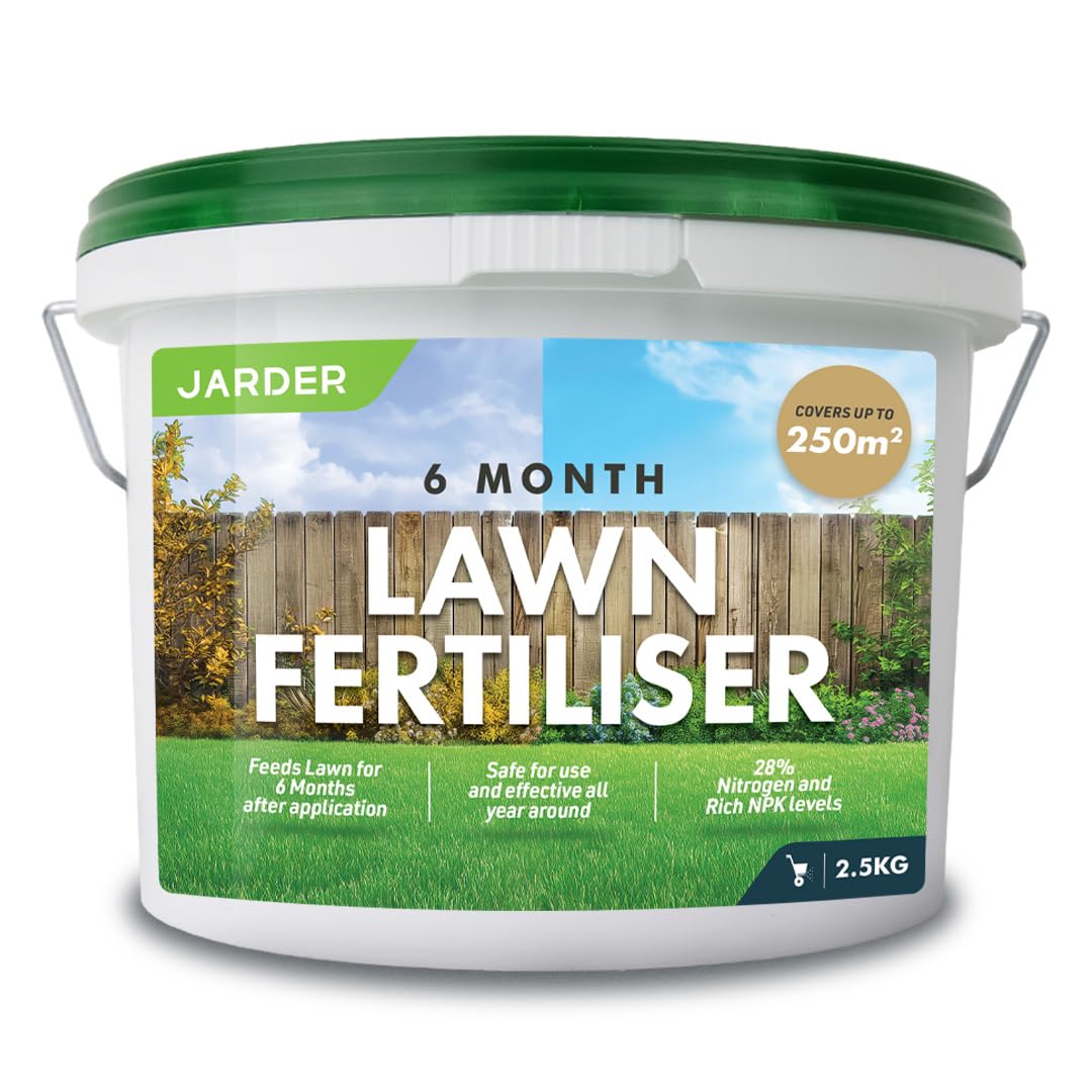 Jarder 6 Month NPK Lawn Fertiliser 2.5kg - Effects Last 6 Months - Can be Applied Any Time in the Year - 28% Rich Nitrogen Content - 100m2 Coverage