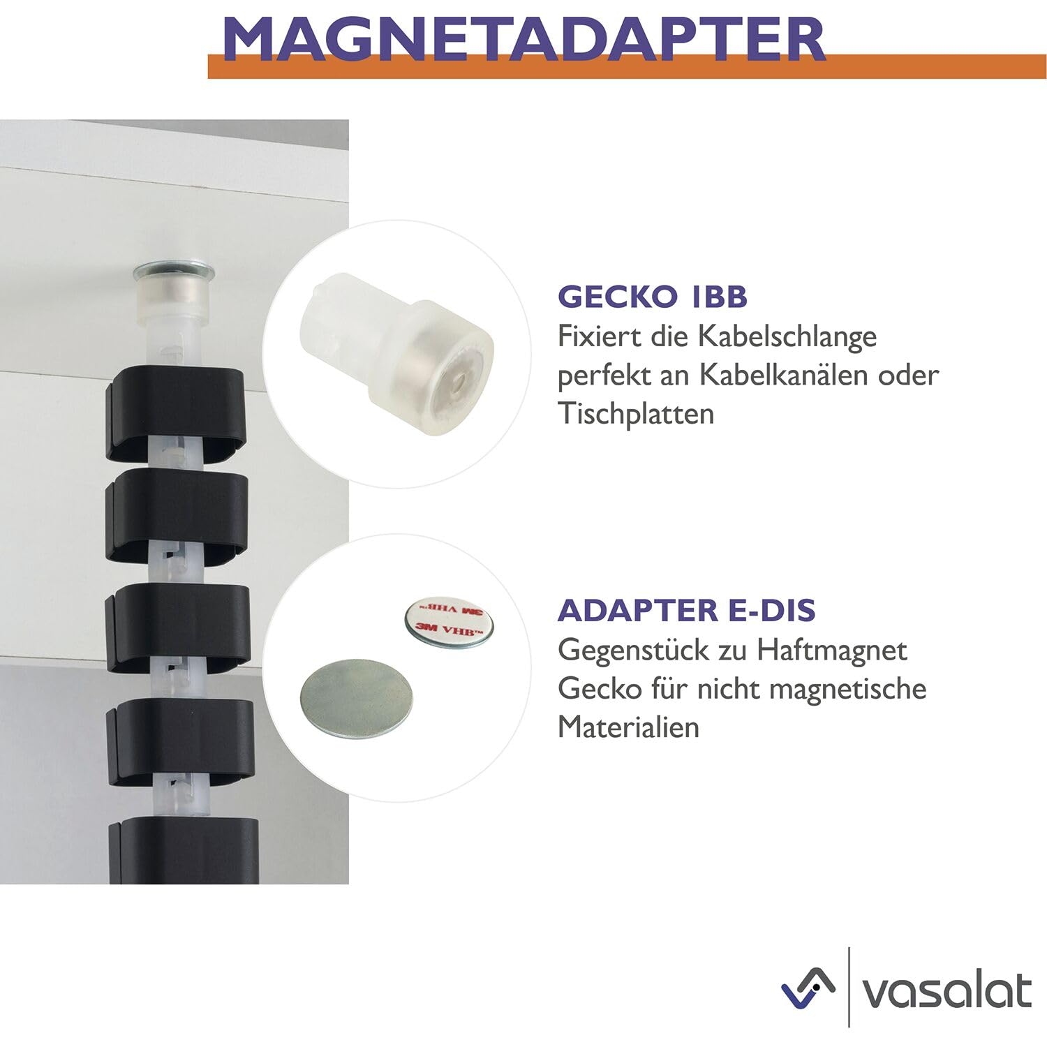 vasalat Orbit, scrivania per la gestione dei cavi, set completo con passacavi 90 x 90 mm + canalina magnetica per cavi + clip di montaggio + magneti neri, lunghezza 580-750 mm