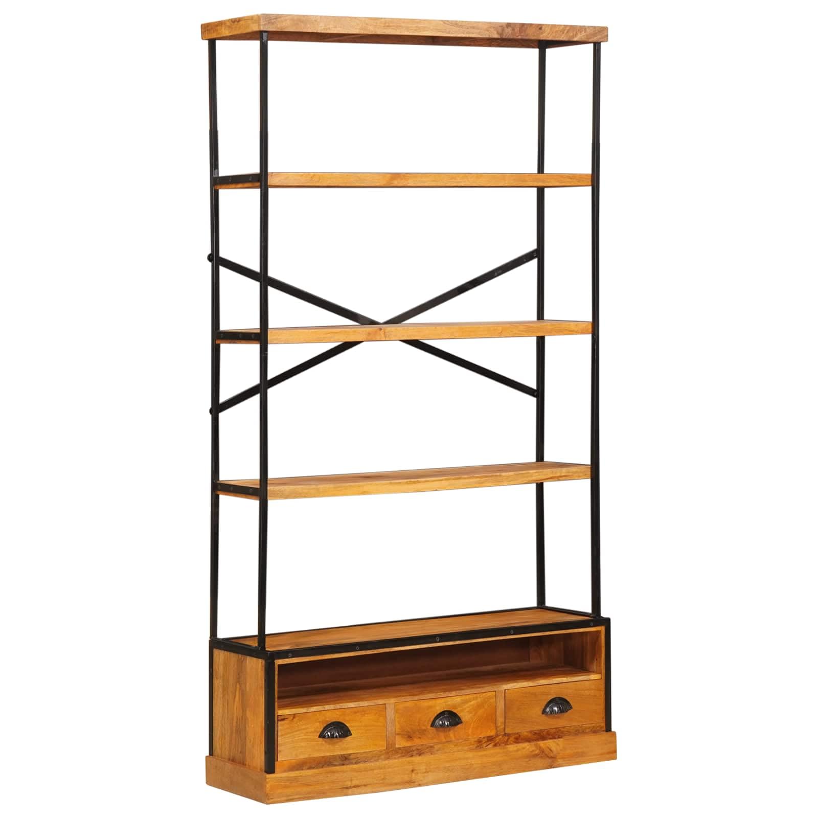 5-stufiges Bücherschrank Natur 100 x 30 x 180 cm aus Mango-Holz sowie Stahl geeignet für Wohnzimmer, Büro sowie Schlafraum, platzsparender Stauraum Organizer inklusive 3 Schubladen sowie