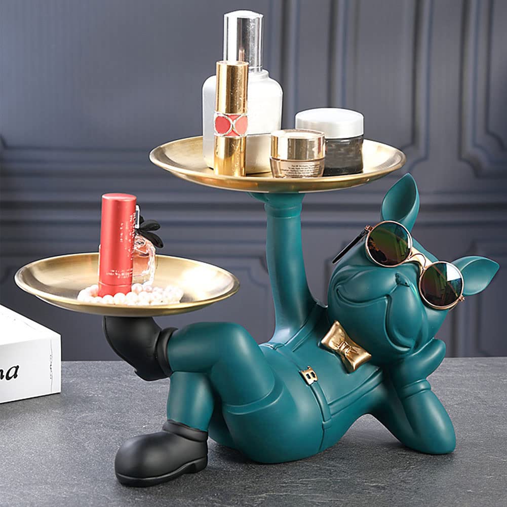 Jdxfeng Green French Bulldog Tray Decoration Dog Sculpture Resin French Bulldog Ornaments Creative Cute With 2 Tray French Bulldog Sculpture Table Crafts For Living Room Entryway Office Desk