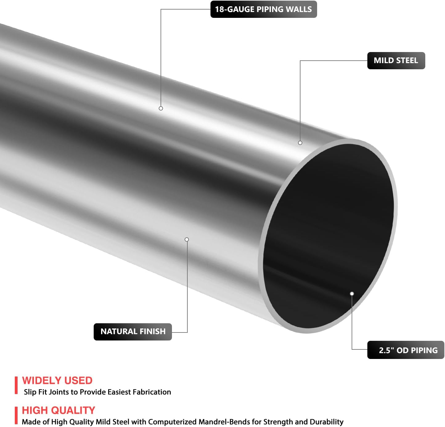 DNA MOTORING 45 Degree 180 Degree U-Bend DIY Custom Mandrel Exhaust Tubing, 2.5" OD, Mild Steel, Universal Fit, ZTL-PP-25-U45-RAW