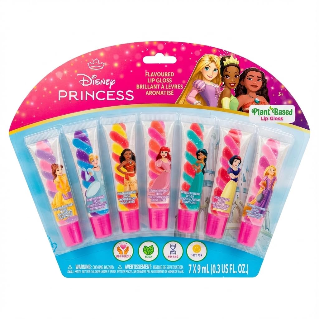 Disney Princess 7 Piece Plant Based Swirl Lip Gloss Girls Kids Party Favors Lip Set for Girls Perfect