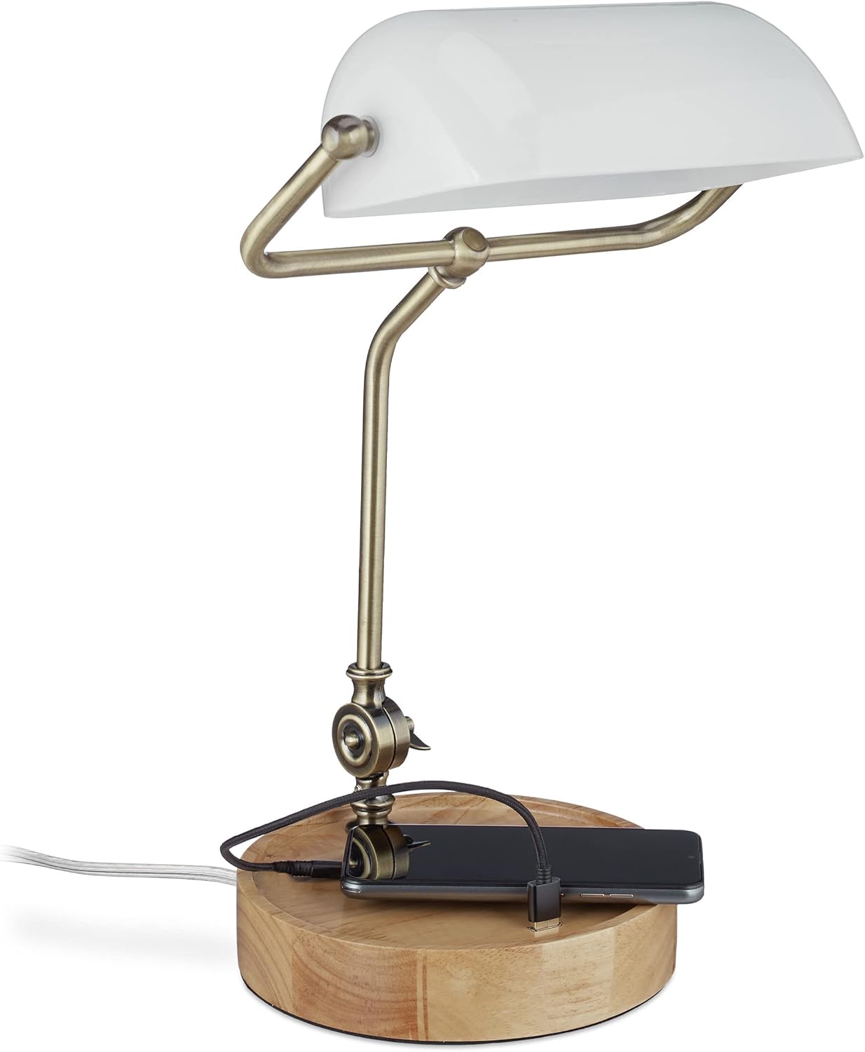 Relaxdays Lámpara Banquero, Puerto USB, Luz Escritorio, Tulipa Inclinable, Base Madera, Retro, Blanca y Marrón Natural