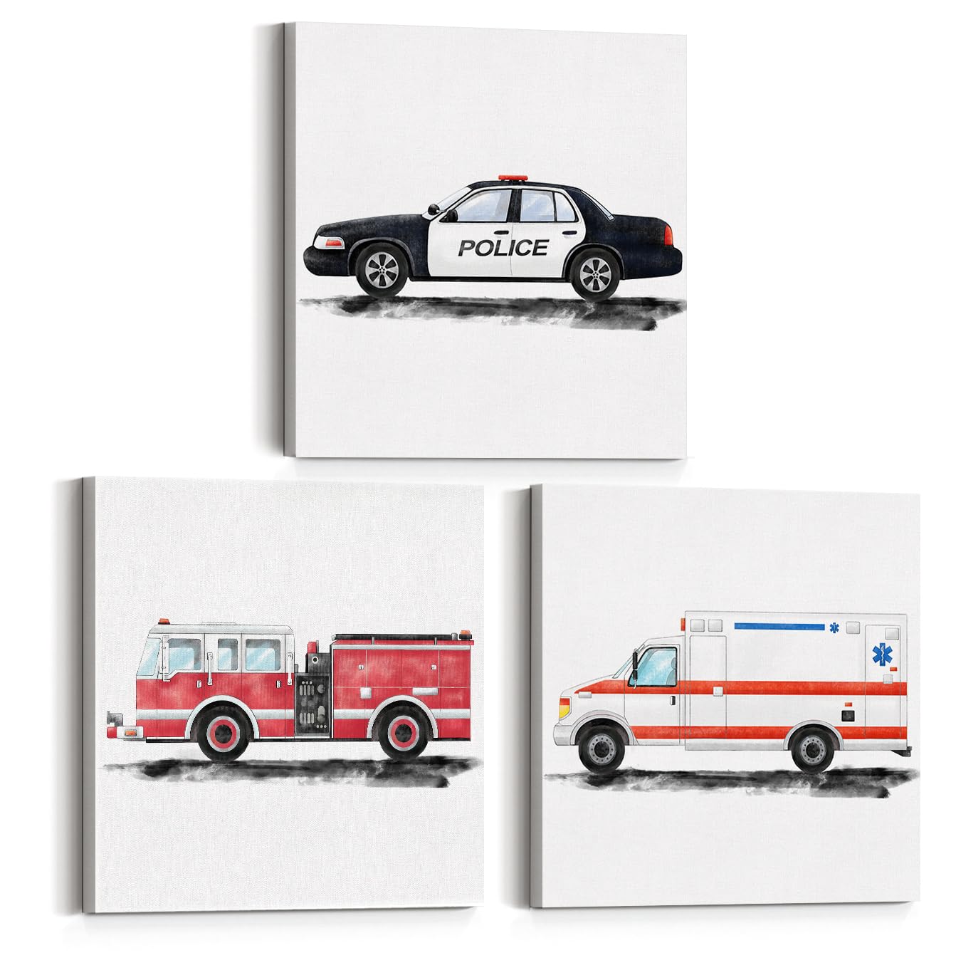 Set of 3 Fire Truck Police Car Ambulance Nursery Canvas Wall Art Framed Paintings Prints Watercolor Transportation Art