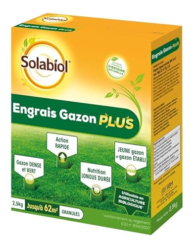 SOLABIOL Engrais Gazon Plus - 2,5 kg - Granulés - Jusqu'à 62m² - Nutrition Longue Durée - Gazon Dense & Vert - Action Rapide - Utilisable En Agriculture Biologique SOGAZPLUS25