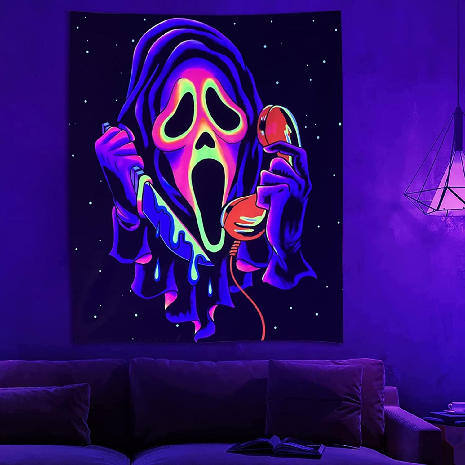 Arazzo per camera da letto Arazzi estetici con luna, Arazzo da parete con Blacklight Skull Lovers, Arazzo da appendere al buio, Arazzo reattivo UV per camera da letto, soggiorno, casa dormitorio