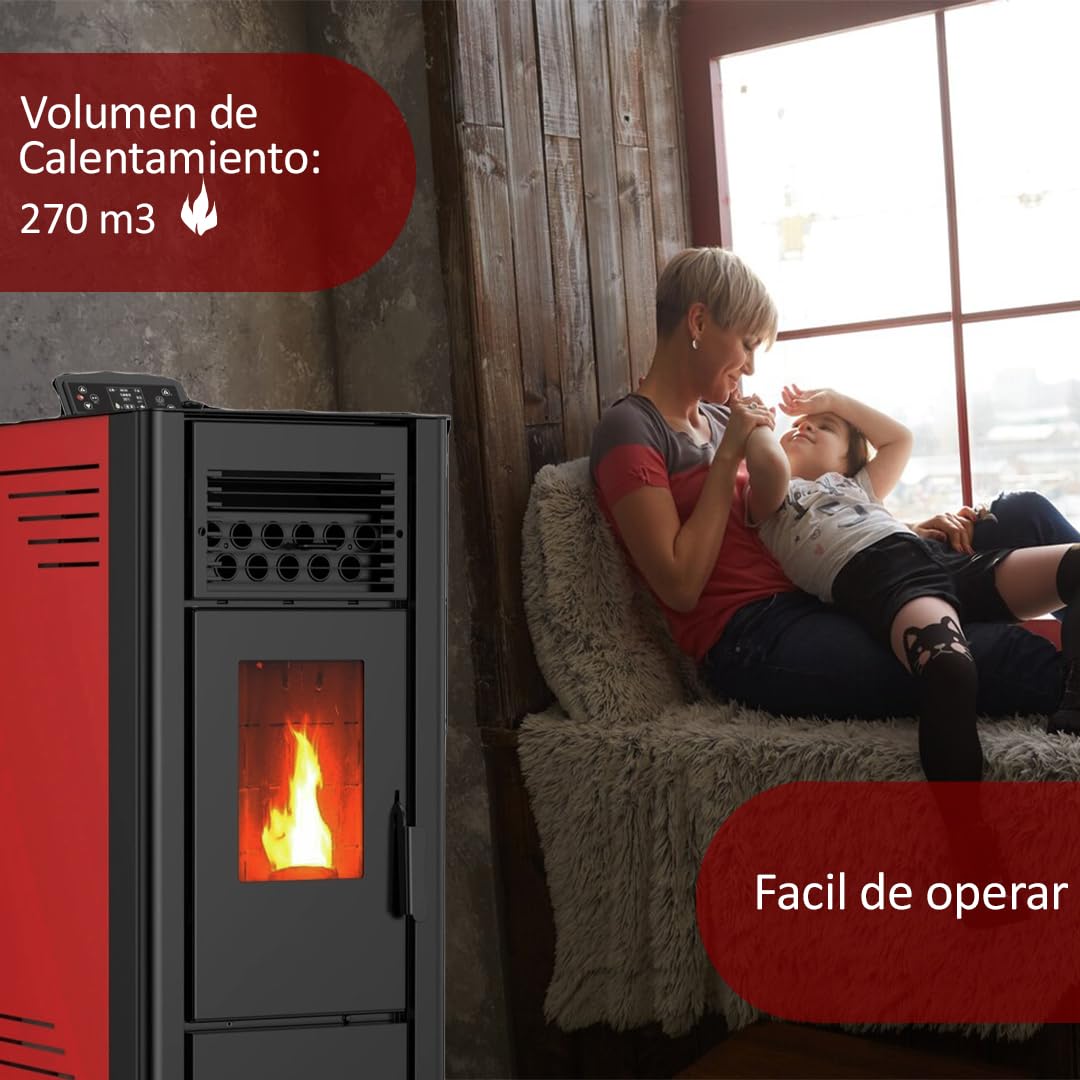 Estufa De Pellets 12Kw | Con Doble Motor Para Hueso De Aceituna Y Biomasa, Tolva de 18Kg | Calefacción en Área de120 m² | Estufa Eléctrica de Pellet, Para Interior, Eficiente Y Silenciosa (Burdeos)