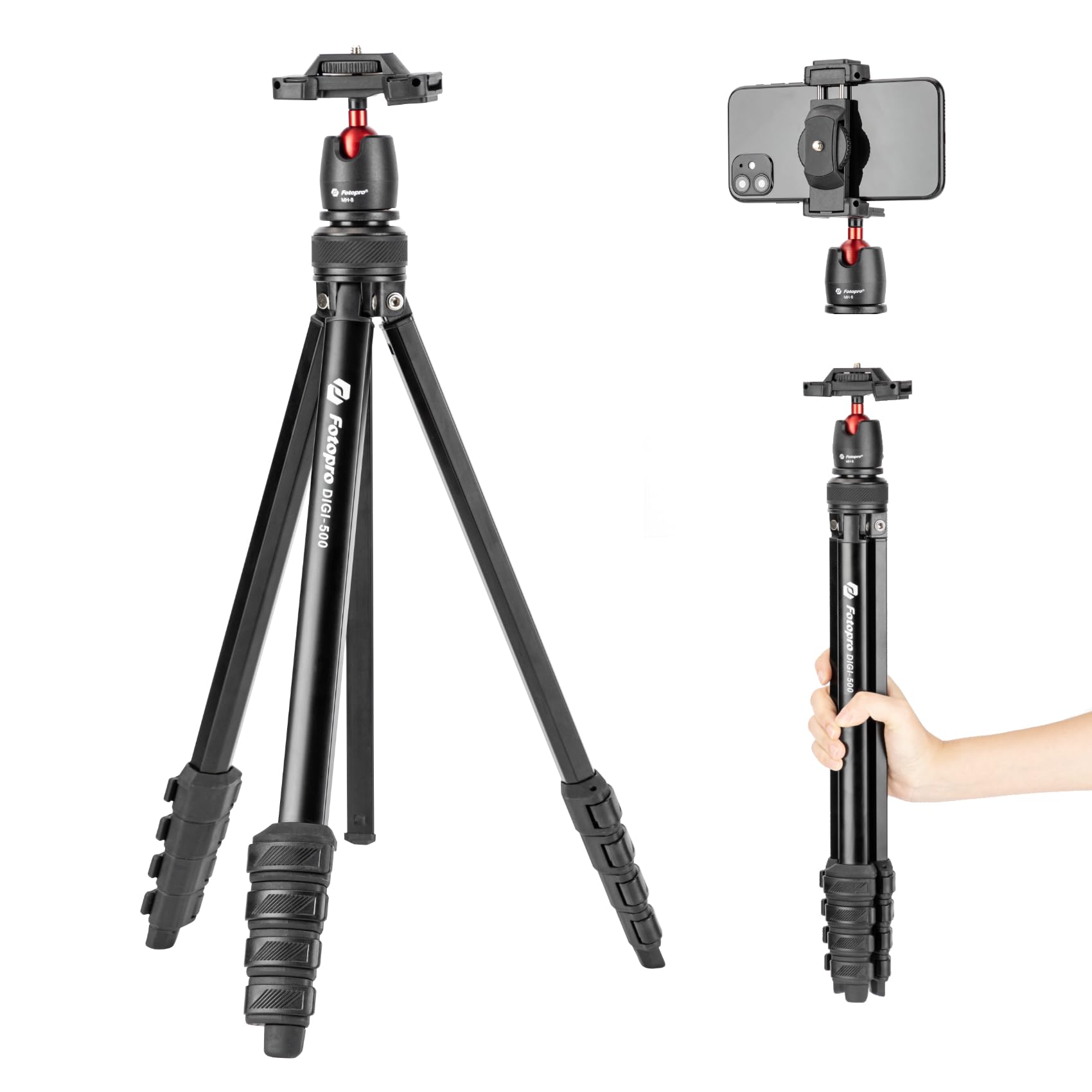 Fotopro Treppiede per fotocamera da 162,6 cm con clip per telefono 2 in 1, testa video fluida nascosta, 0,7 kg, leggero, portatile, da viaggio, per fotocamera e telefono, carico massimo 3 kg