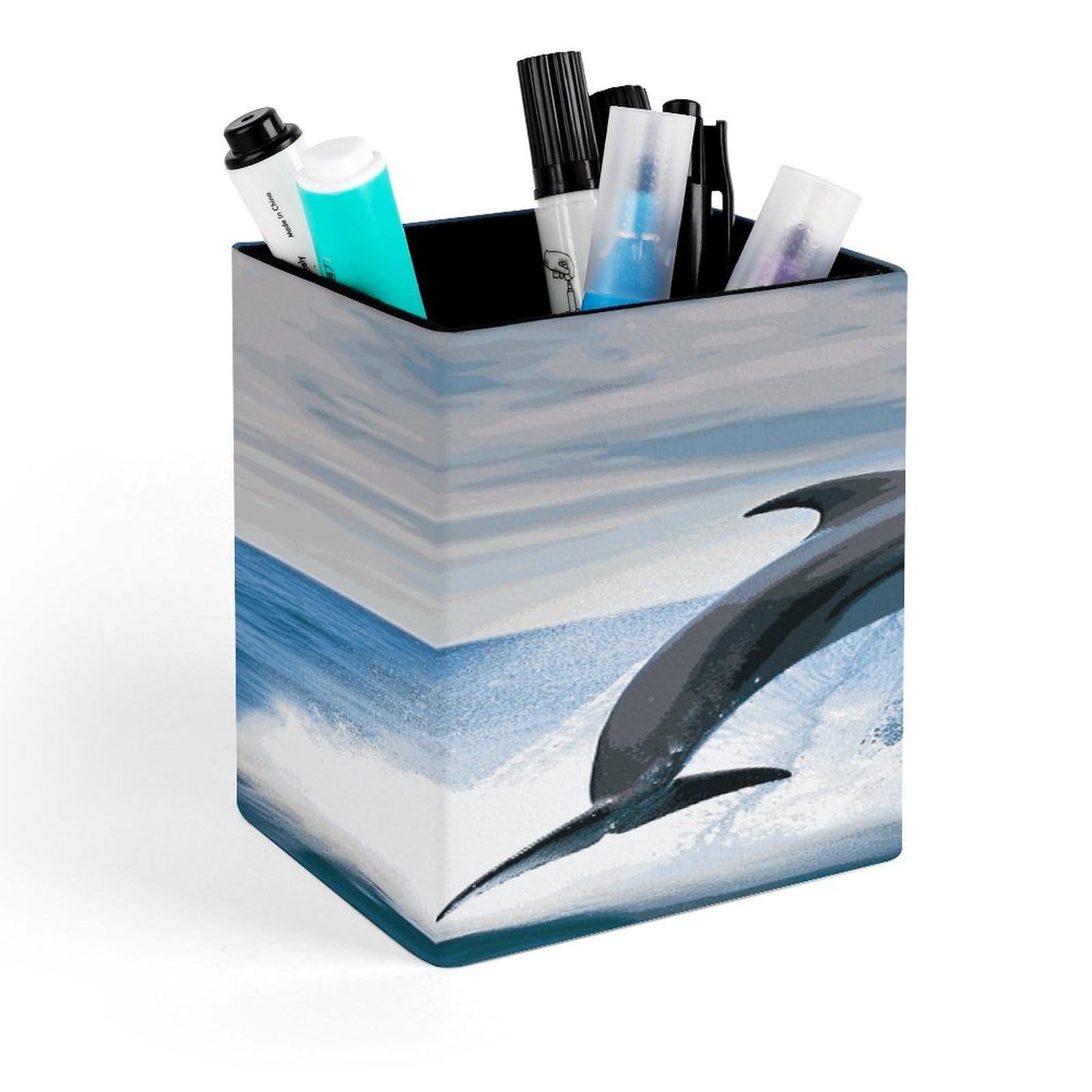 FekiLoot Jumping Up Dolphins Pencil Holder for Desk Square Leather Pen Holder Cup Desktop Organizer Multi-Functional Pencil Cup Holders Modern Decorative Desk Organizer Caddy Makeup Brush Holders