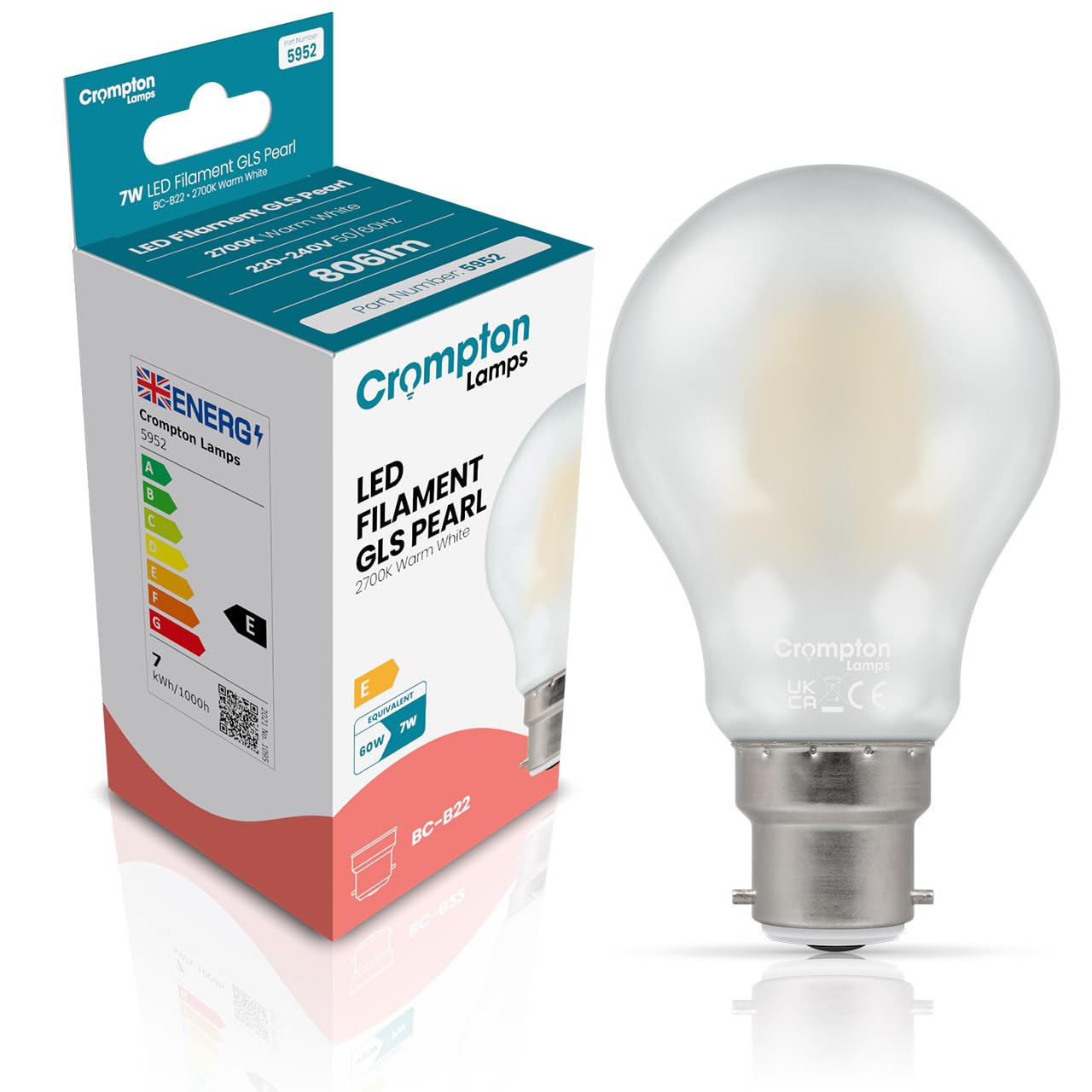 Crompton Lamps Filament GLS LED Light Bulb BC-B22d | 7W = 60W Equivalent | Warm White 2700K | Energy Efficient | Bayonet Lightbulb | Long Life 10,000-Hrs | Pearl Glass | Dimmable โ image 1