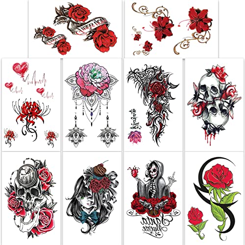 Qpout 20 Sheets Flower Temporary Tattoos For Women, Rose Temporary Tattoos Realistic, Half Sleeve Tattoos For Women, Rose Flower Skull Butterfly Fake Tattoos Stickers For Adults Girls #TOP3