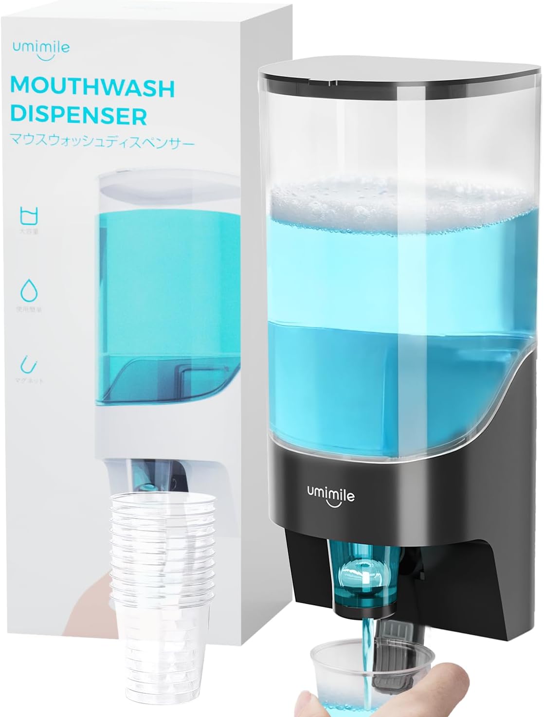 Umimile Mouthwash Dispenser for Bathroom, Plastic Mouthwash Dispenser Wall Mounted, 30.4oz(900ml) Mouthwash Container with 10Pcs Reusable Cups, Black