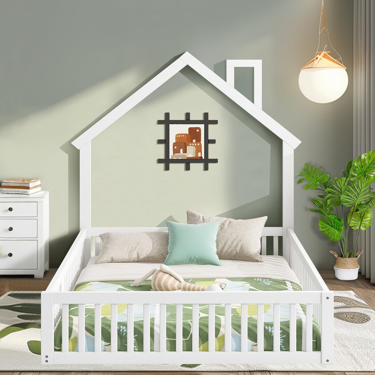 Full Size Montessori Floor Bed Frame with 12 Inches Height Safety Guardrails and Door,Platform Bed Frame with House-Shaped Headboard for Girls, Boys, Wooden Slat Support, White