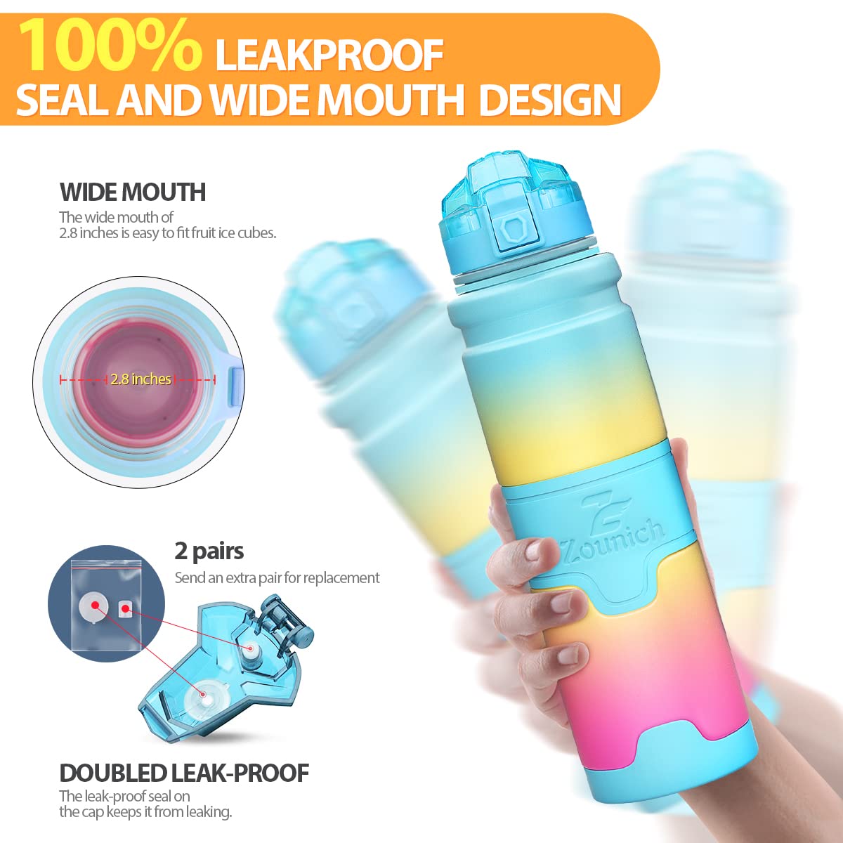 ZOUNICH Botella Agua Deporte Botellas Agua Niños sin BPA, Reutilizable Tritan Plástico Ecologica con Filtro, 400ml/500ml700ml/1l, Cantimploras para Gimnasio, Bicicleta, Colegio, Oficina, Viajes — view 4