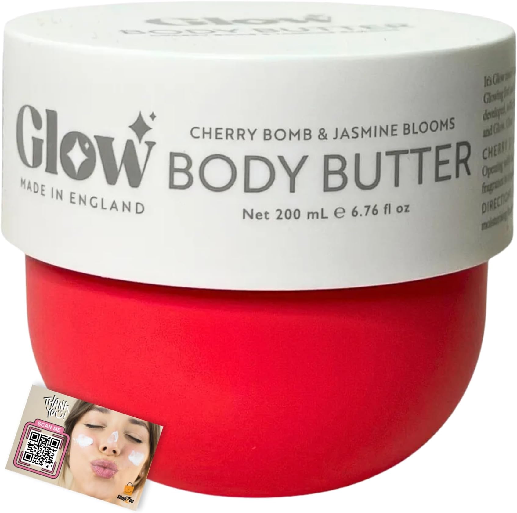 Glow Nourishing Body Butter 200ml & Exfoliating Bath Gloves Set | Firming Moisturiser for Supple & Smooth Skin | Scented Body Cream, Dry Skin, Shower Mitts, UK Made (Cherry Bomb & Jasmine Blooms)