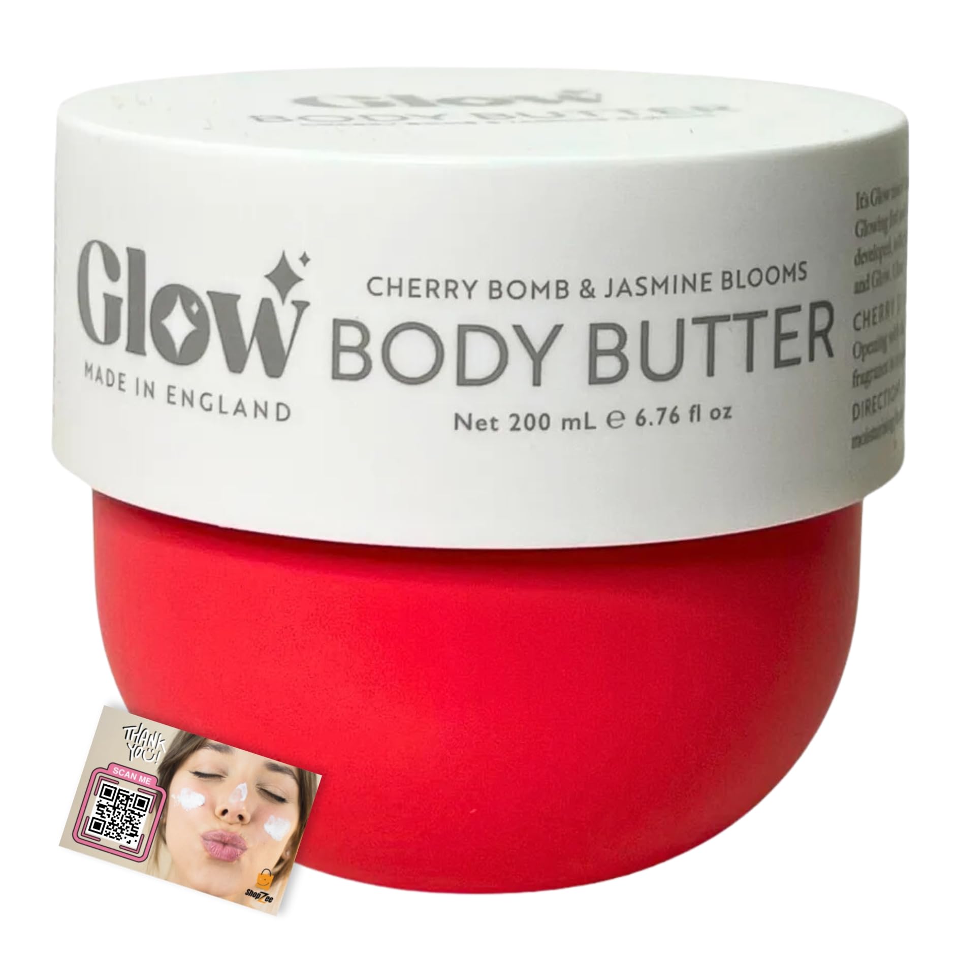 Glow Nourishing Body Butter 200ml & Exfoliating Bath Gloves Set | Firming Moisturiser for Supple & Smooth Skin | Scented Body Cream, Dry Skin, Shower Mitts, UK Made (Cherry Bomb & Jasmine Blooms)