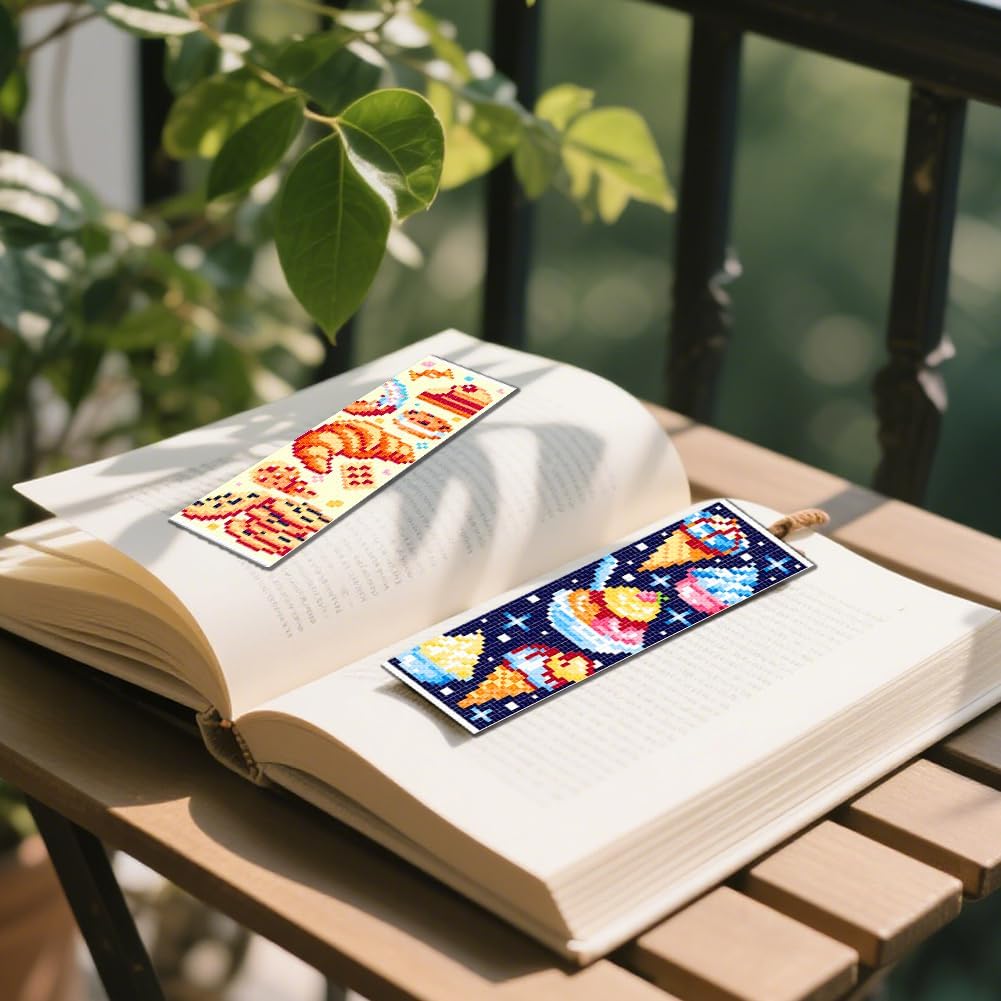 FREEBLOSS 6 Set Cross Stitch Bookmark Kits 11CT Dessert Pattern Stamped Cross Stitch Kit for Beginners with Instructions Embroidery Bookmark Making Kit for Adults 8x2.4inch