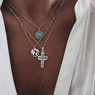 Ckecharfa Layered Turquoise Necklace Silver Cross Necklaces Adjustable Chain Jewelry for Women(A-Silver)