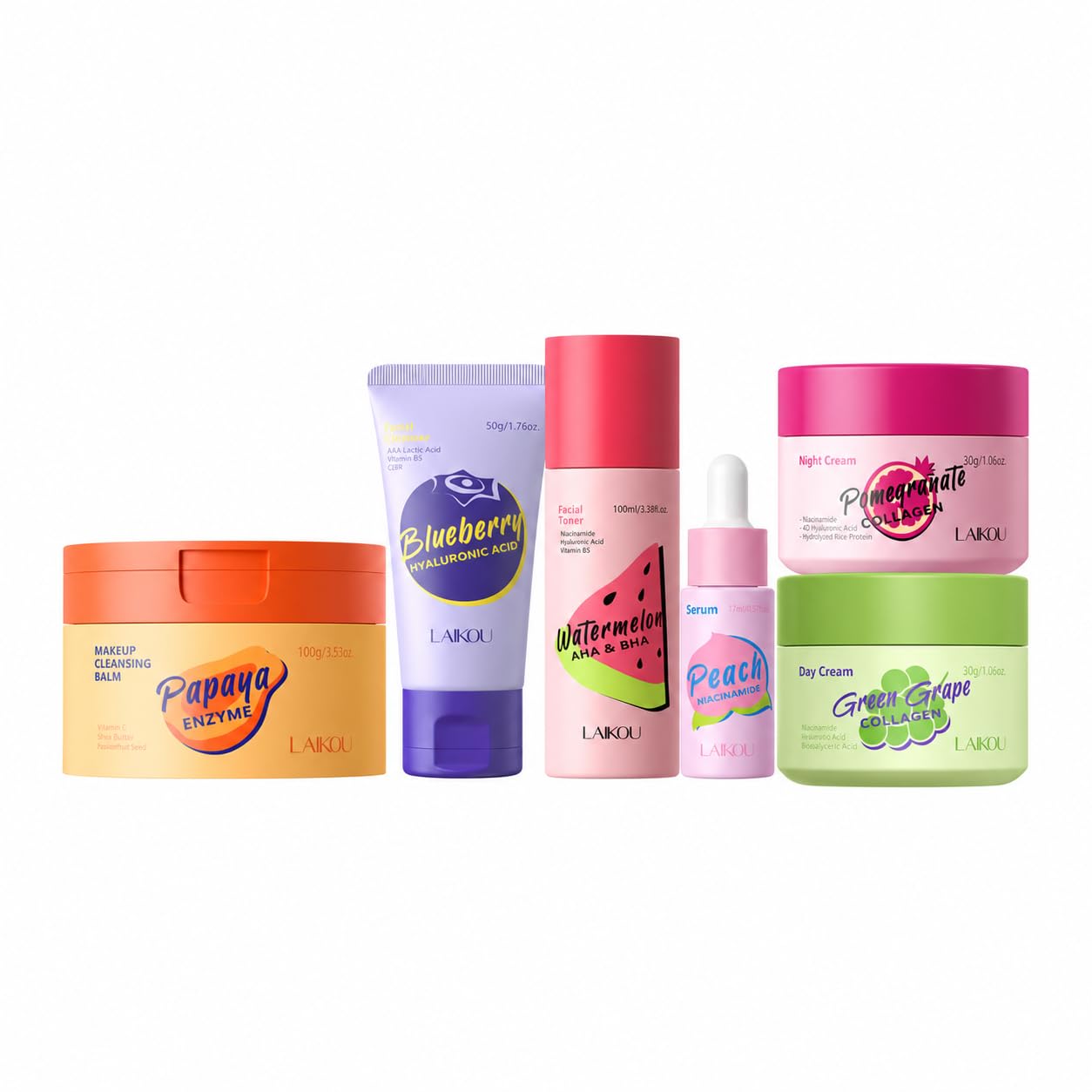 Fruit Skin Care, Skin Care Set with Papaya Makeup Cleansing Balm, Blueberry Cleanser, Watermelon Toner, Peach Serum, Green Grape Day Cream & Pomegranate Night Cream for Women Teen Girls 6pcs