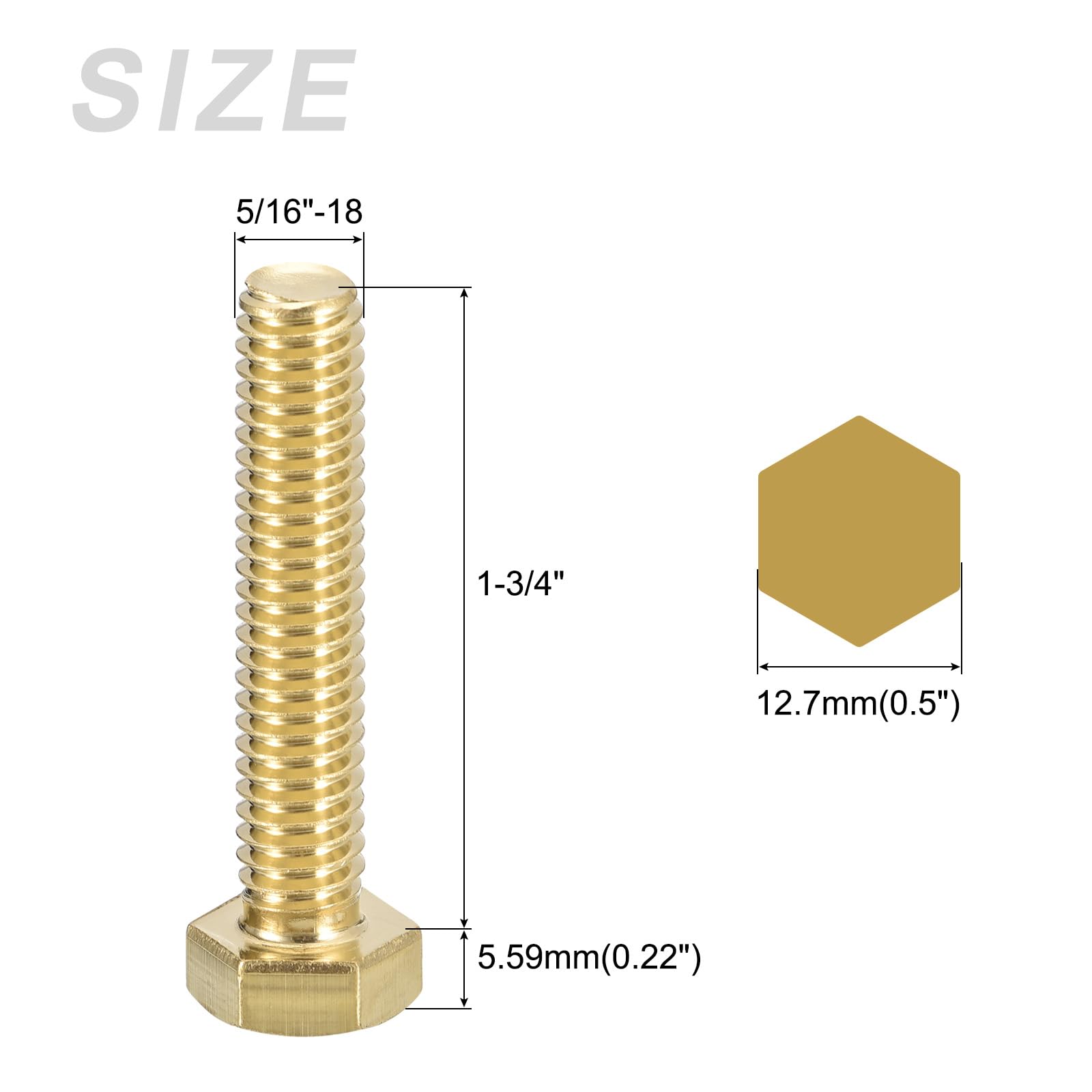 METALLIXITY Hex Head Screw Bolt (5/16-18x1-3/4") 5Pcs, Brass Fully Threaded Solid Brass Hex Bolts Machine Screws - for Machinery Repair - Image 2