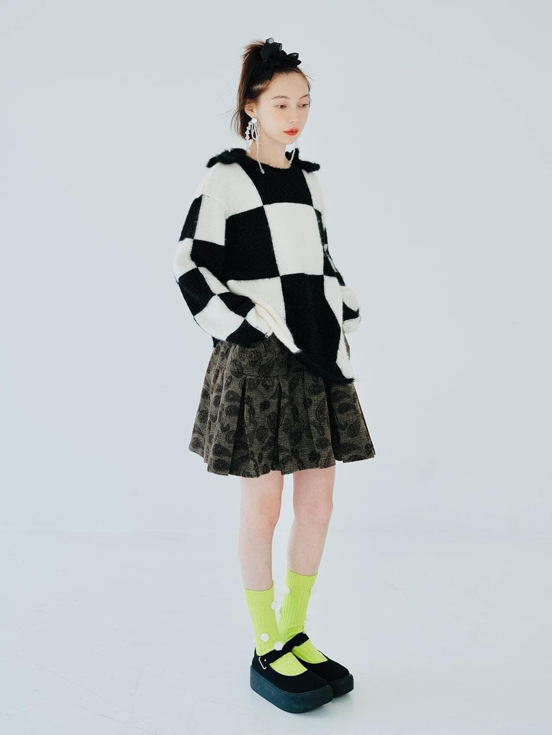 Women's Sweater Plaid Pattern Drop Shoulder Sweater Sweater for Women (Color : Black and White, Size : Small)