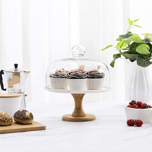 Miniatura 2 de MyGift Soporte de pastel de postre de cerámica blanca y madera de 9 pulgadaspedestal de plato para servir con tapa de cúpula de vidrio transparente
