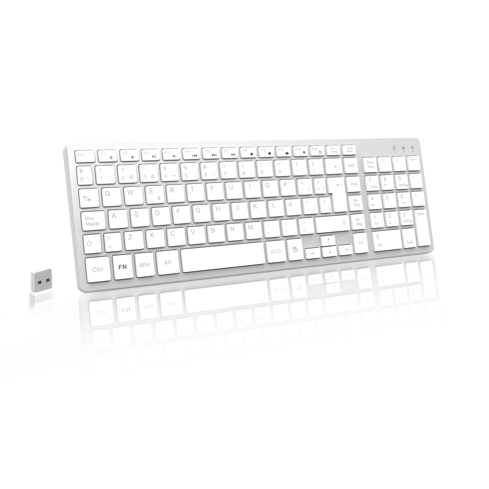 LeadsaiL Teclado Inalámbrico Silencioso QWERTY Español, Teclas de Perfil Bajo, Teclado Numérico, Receptor USB 2.4GHz, Ergonómico Wireless Keyboard para Windows Mac PC Ordenador Portátil