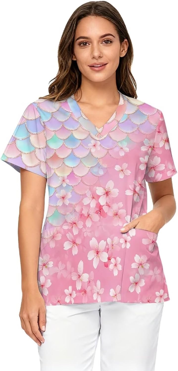 Scrub Tops for Women Oversize Soft Stretch Shirt Nursing Medical Uniform with Pockets Durable for Long Shifts