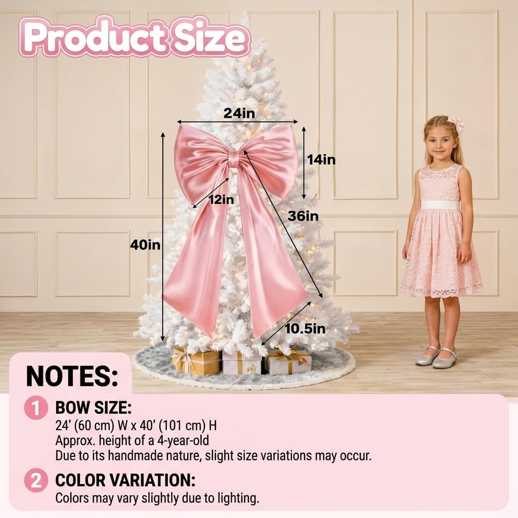 24"W x 40"H Satin Ribbon Giant Bow Decor, Pastel Pink 3D Reusable Premium Satin Bow with Internal Stability Layer, Easy Hang for Coquette Party Wedding Bridal Shower Bedroom Ballerina Girl Wall Decor
