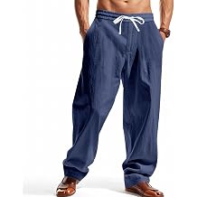 Mens Straight-Legs Elastic Waist Drawstring Lightweight Trousers Linen Pants Casual Summer Beach Pants with Pockets